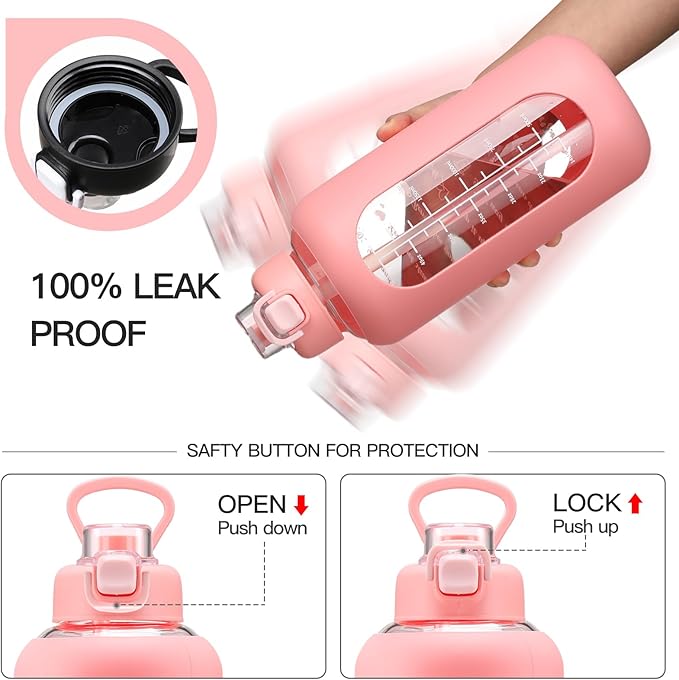 64 oz Glass Water Bolttles with Straw Half Gallon Large Motivational Water Bottle with Time Marker Sports Water Bottles with Silicone Sleeve and Handle Lid Water Jug for Gym Workout