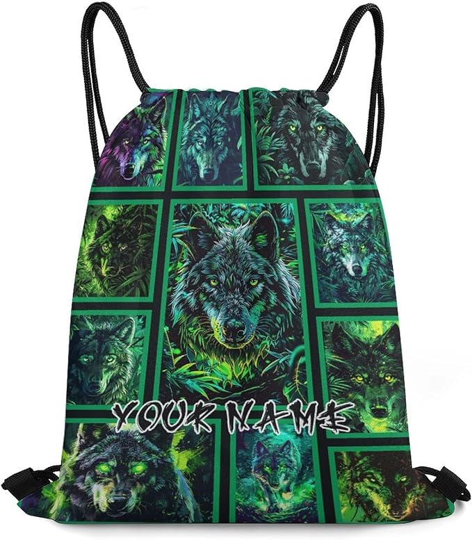 Custom Wolf Drawstring Backpack - Cute Cinch Sack, String Backpacks for Women Men Kids Boys Girls for Gym Outdoor Sports Travel Athletic Drawstring Bag - Lightweight/Foldable