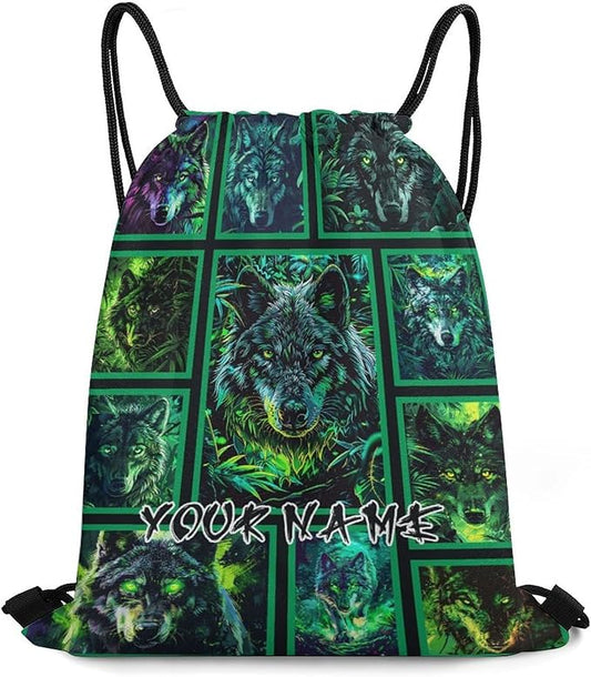 Custom Wolf Drawstring Backpack - Cute Cinch Sack, String Backpacks for Women Men Kids Boys Girls for Gym Outdoor Sports Travel Athletic Drawstring Bag - Lightweight/Foldable