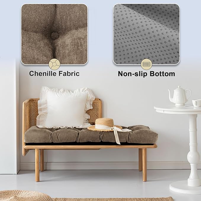 Bench Cushion 42 Inch - Chenille, High-Density Memory Foam, Non-Slip Bottom, Soft Durable Indoor Tufted Long Seat Cushion for Window Garden Furniture (Brown, 42x16x4 Inch)