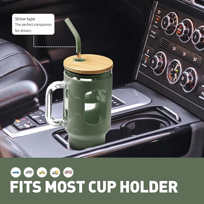Glass Tumbler with Straw and Lid, 40 oz glass cup with handle, Glass Water Bottles with Time Marker, Silicone Protective Sleeve-Olive