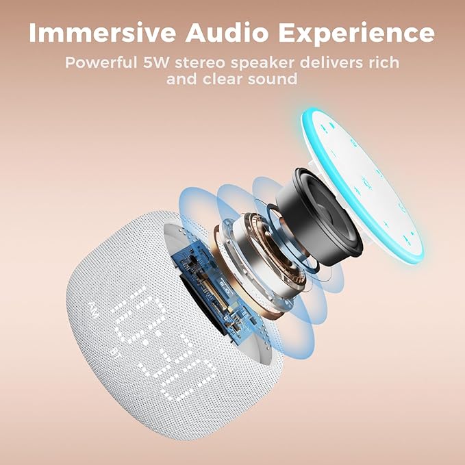 White Noise Machine Alarm Clock: Auto-Dimmable Clock for Bedrooms - 5W Stereo Bluetooth Speaker - Sound Machine with 24 Sleep Sounds for Adults Kids