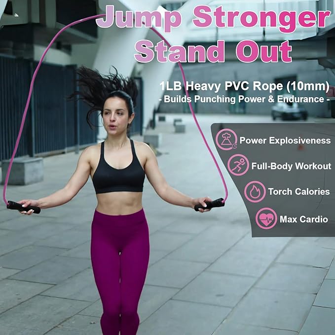 Weighted Jump Rope, 1LB Tangle-Free Ball Bearing Rapid Speed Skipping Rope for Men Women, Adjustable 9mm Cotton & PVC Rope with Alum Handle for Boxing MMA Weight-Loss Athletic Workout Fitness