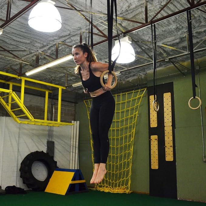 Titan HD Wall Mounted Pull Up Chin Up Bar with 8 in. Wood Olympic Gymnastic Rings - 1.5 in. W Heavy Duty Thick Straps &