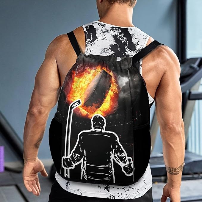 Hockey Drawstring Backpack - Cool Cinch Sack, String Backpacks with Pocket for Kids Women Men Boys Girls for Gym Outdoor Sports Travel Athletic Drawstring Bag - Lightweight/Foldable