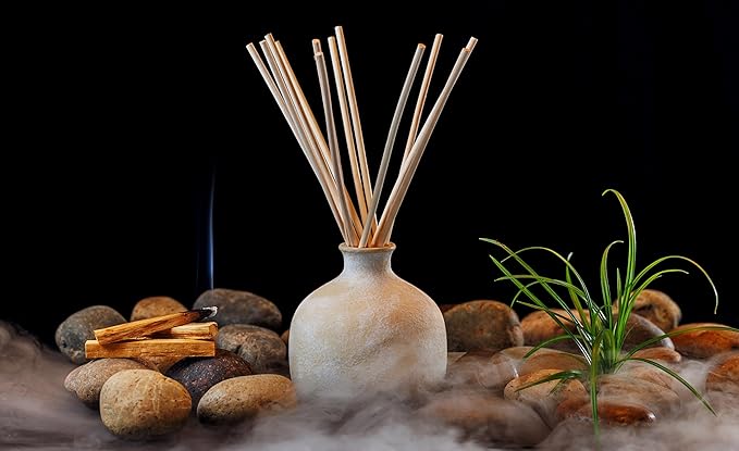BLUEME Spiritual-Palo Santo & Vetiver, 16.91 Fl Oz Wellness Diffuser, Contains Essential Oil, Sustainable, Hand Finished, Premium, Luxury Ceramic, Natural Rattan Reeds