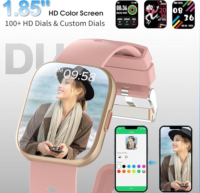 Smart Watch for Women, 1.85" TFT-Touch Screen Smartwatch with Call Function, 112 Sport Modes, Fitness Tracker with 24/7 Heart Rate/Sleep Monitor, IP68 Waterproof, Fitness Watch for Android/iOS, Pink