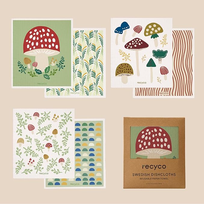 RECYCO Swedish Dishcloths for Kitchen | 6 Packs Forest Mushroom Washable Dish Rags | Cellulose Reusable Cleaning Paper Towels | Absorbent Counter Dish Cloth Sponge Kitchen Wipes, 8" L x 7" W