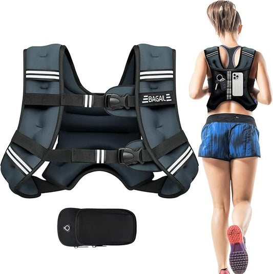 BAGAIL Weighted Vest, 5lbs/8lbs/10lbs/12lbs/15lbs/20lbs/25lbs/30lbs Weight Vest with Detachable Phone Pouch, Rucking Vest for Women, Men, Walking, Weight Loss, Training, Running