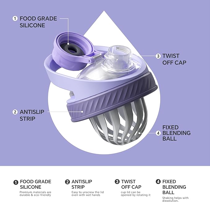 Ideus Protein Shaker Bottle 24oz(710ml) Insulated Stainless Steel Shaker Bottle with Silent Tritan Ball Portable Pre Workout Shaker Cups for Protein Shakes, Smoothies, Cocktails, Purple