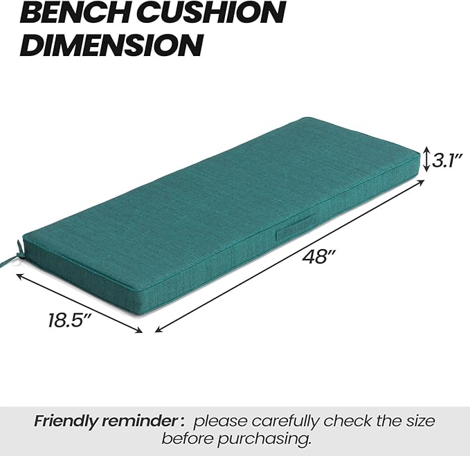 Crestlive Products Outdoor Bench Cushion 48 x 18 Inch, Waterproof Patio Bench Cushions for Outdoor Furniture, Porch Swing Replacement Pad with 30D Foam, Adjustable Straps and Portable, Malachite