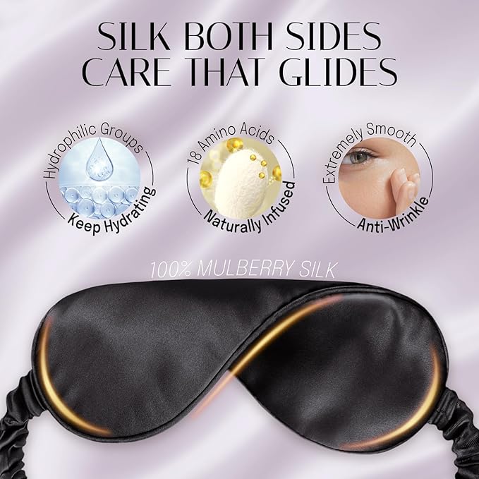 Silk Sleep Mask Eye Mask Blindfold with Double Layer Silk Filling and Elastic Strap for Full Night's Sleep, Travel and Nap, Soft Eye Cover Eyeshade with Luxury Bag and Ear Plugs by OLESILK (Black)