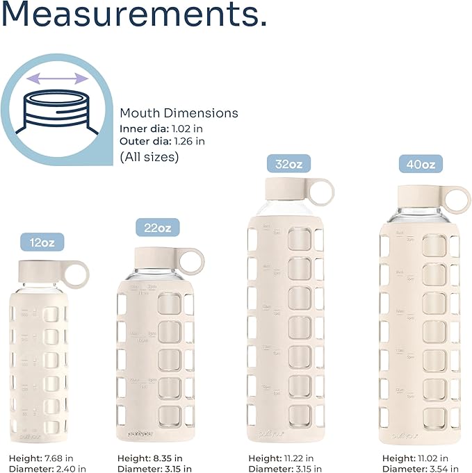 purifyou 40oz / 32oz / 22oz / 12oz Borosilicate Glass Water Bottle with Time & Volume Markers, Silicone Sleeve, Stainless Steel Lid | Reusable Glass Bottle for Water & Juice (22oz Pearled Ivory)