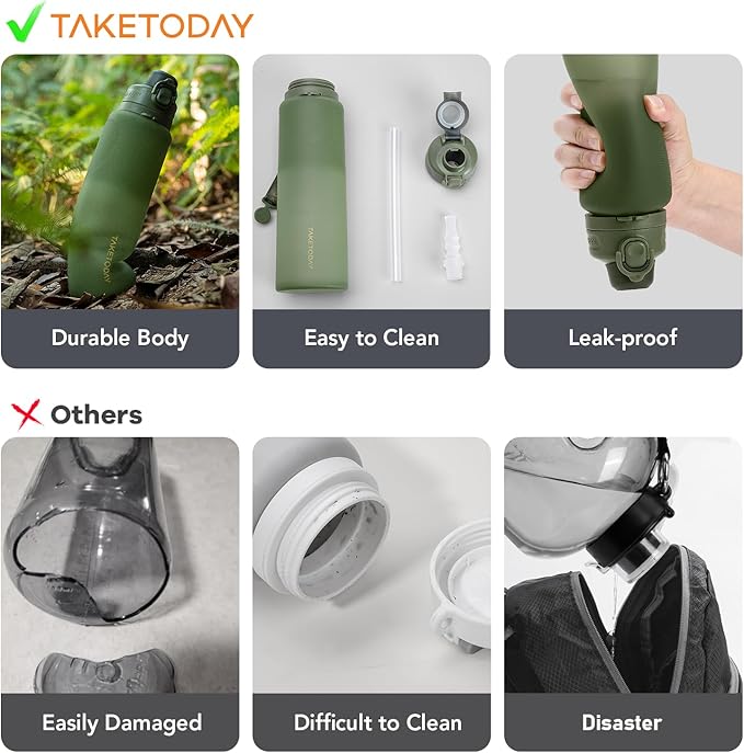 TakeToday Collapsible Water Bottles 32oz, Foldable Travel Water Bottle, BPA Free, Silicone Water Bottle Leakproof for Hiking, International Travel, Outdoors