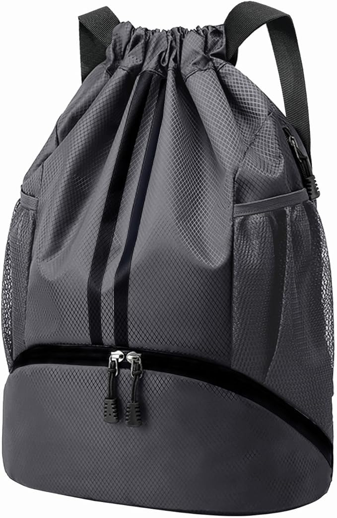 Hoedia Sports Drawstring Backpack - String Swim Gym Bag with Shoes Compartment and Wet Proof Pocket for Women and Men, Dark Grey