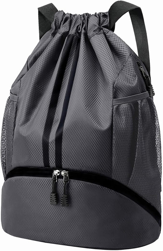Hoedia Sports Drawstring Backpack - String Swim Gym Bag with Shoes Compartment and Wet Proof Pocket for Women and Men, Dark Grey