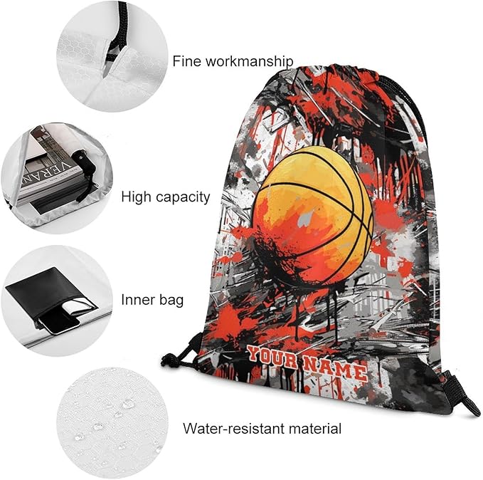 Custom Basketball Drawstring Backpack - Cool Cinch Sack, String Backpacks for Kids Women Men Boys Girls for Gym Outdoor Sports Travel Athletic Drawstring Bag - Lightweight/Foldable