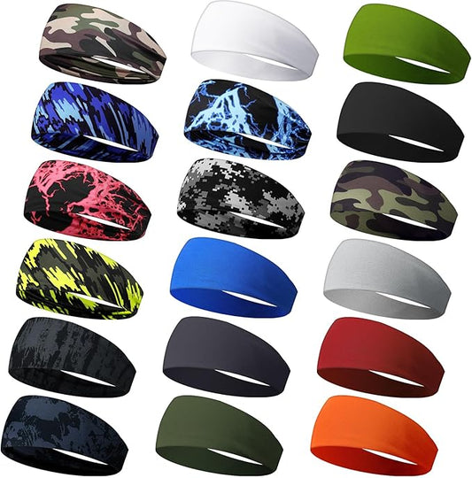 18 Pcs Sports Sweatbands for Men Women Camo Headbands Workout Non Slip Headbands Breathable Head Band Fitness Stretchy Unisex Hairband for Yoga Running Cycling Ball