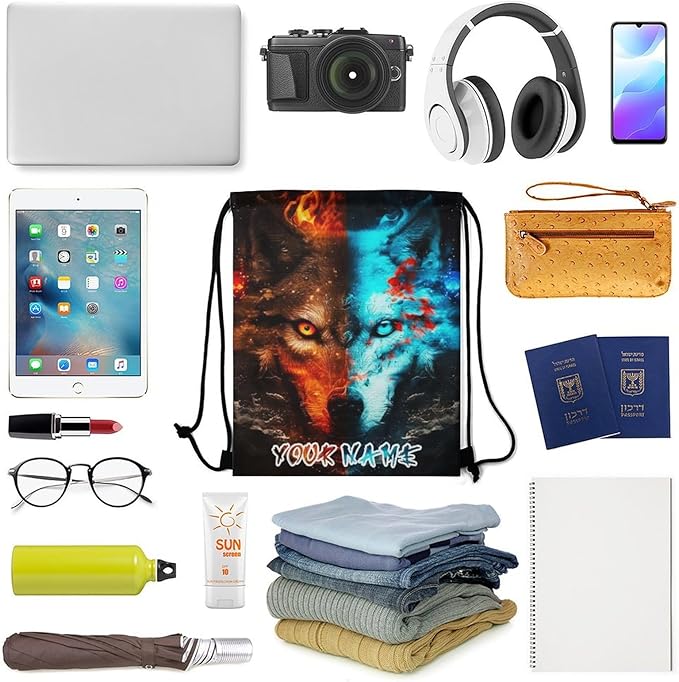 Custom Wolf Drawstring Backpack - Cute Cinch Sack, String Backpacks for Women Men Kids Boys Girls for Gym Outdoor Sports Travel Athletic Drawstring Bag - Lightweight/Foldable