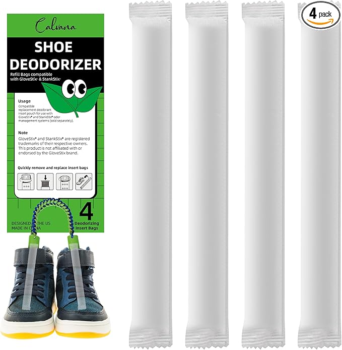 (4-Pack) Calvana Shoe Deodorizer, Refill Bags Compatible with GloveStix & StankStix, Odor Eliminator for Hockey & Lacrosse Gloves, Boxing & Soccer Gear, Gym Bags & Sports Equipment, Up to 6 Months