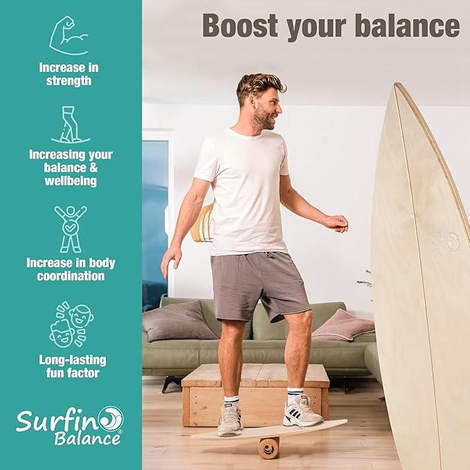 Wooden Balance Board - unique [incl. corc roller, corc hemisphere and balance ball] Balance Board Kids - Balance Boards for Adults - Indo Board Mobo Board Gibbon Board Giboard Slackboard Balancing