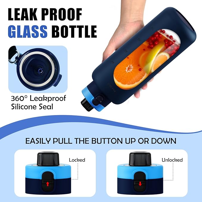 ANOTION 40OZ Glass Water Bottle, Large Sports Water Bottle with Dual-Drink Lid Clear Leakproof Glass Bottles with Straw, Motivational Jug with Silicone Sleeve and Time Marker for Travel Gym-Blue