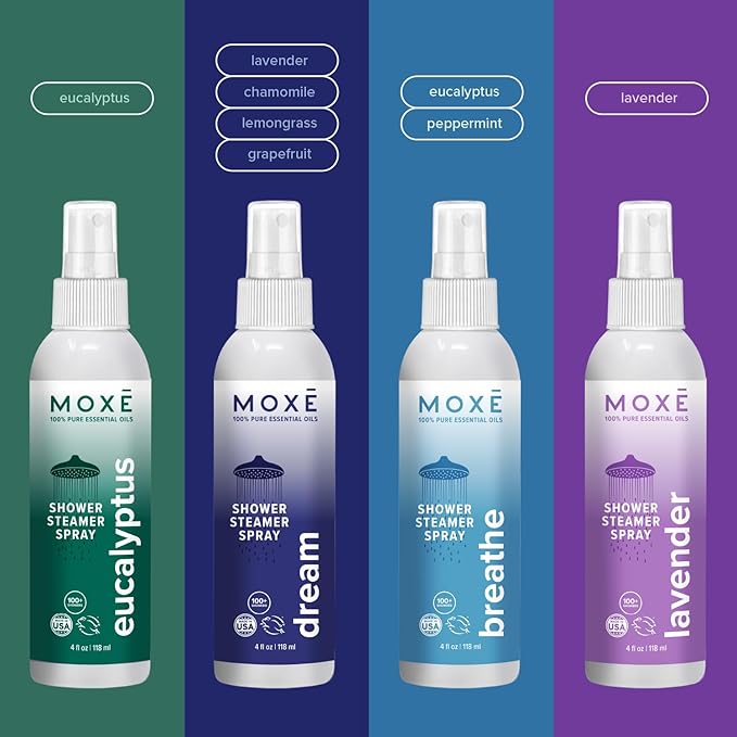 MOXE Aromatherapy Shower Mist Variety Pack, Eucalyptus, Lavender, Breathe and Dream, Spa Steam Spray, Natural 100% Essential Oils, Made in USA, Aromatherapy, Sinus Congestion Relief, 4 Pack (8oz)