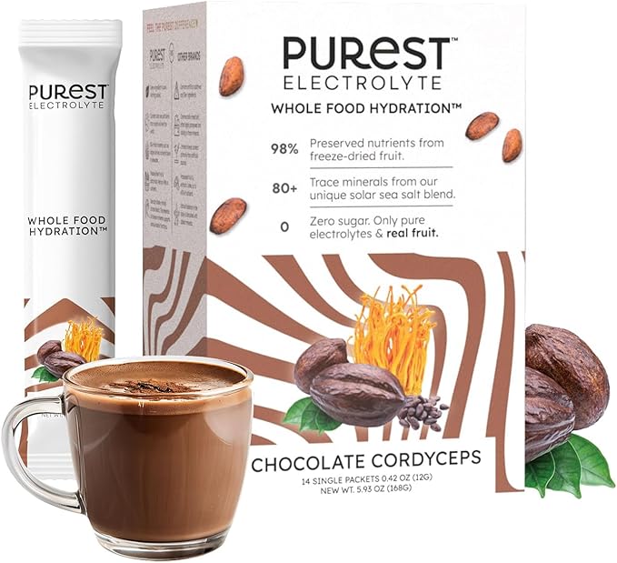 Purest Electrolyte Chocolate Cordyceps Powder Packets – Whole Food Hydration - Fermented Cacao and Solar Sea Salts for Ultimate Electrolyte Balance