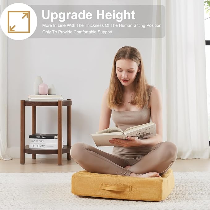 2 Pcs High Density Foam Floor Pillow - Upgraded Large Pillows Seating for Adults - Outdoor Floor Cushion with Soft Tufted Cover - Yoga Pillows for Sitting On Floor - 22 Inch Yellow