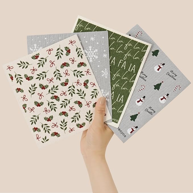 RECYCO 4 Pack Christmas Swedish Dishcloths for Kitchen | Jolly Holiday Washable Dish Towels | Cellulose Reusable Cleaning Paper Towels | Absorbent Counter Dish Cloth Sponge Kitchen Wipes, 7" x 8"