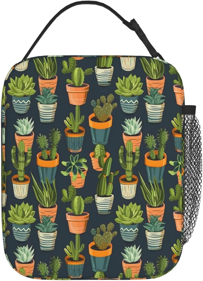 Cactus Lunch Box for Women Adults Kids, Insulated Cooler Lunch Bag for Picnic, School, Office, Travel, Work, Portable Reusable Polyester Tote Thermal Lunch Bags (Potted Cactus)