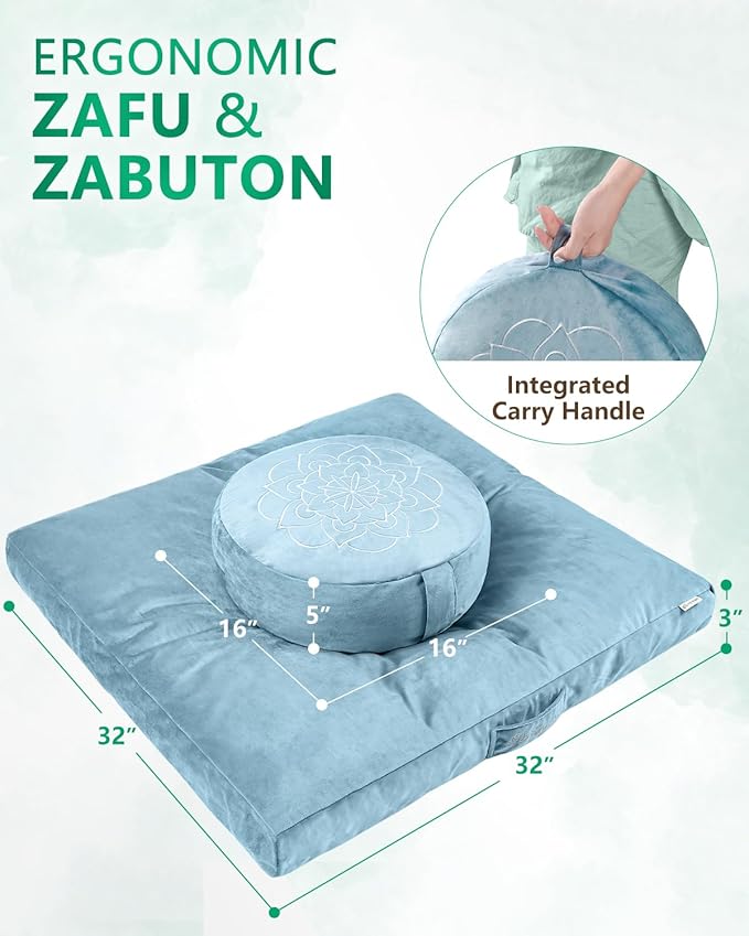 Hihealer Meditation Cushion Set Large Velvet Floor Pillow & Traditional Tibetan Yoga Bolster for Adults Zafu Meditation Mat with Buckwheat Filling