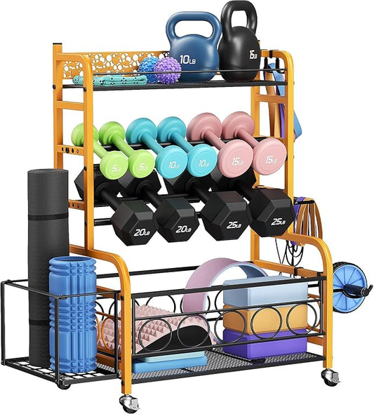 400LBS Dumbbell Rack, VOPEAK Adjustable Weight Rack for Home Gym, Home Gym Storage Rack for Yoga Mat Kettlebells and Strength Training Equipment, Weight Storage Rack for Dumbbells with Wheels