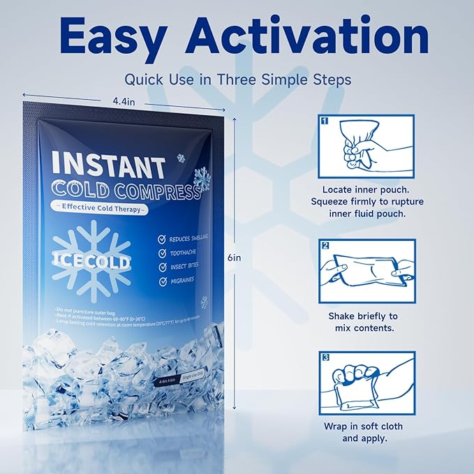 100 Instant Ice Cold Packs, 4.4" x 6" Disposable Ice Packs for Injuries, Pain Relief, No Freeze Needed Cold Compress for First Aid, Athletes