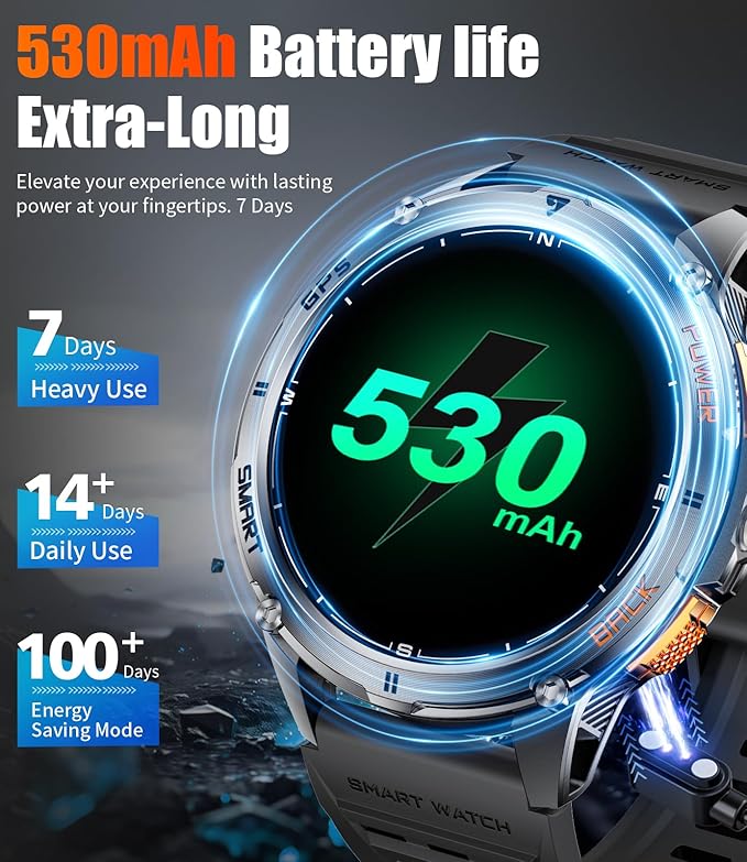 GPS Smart Watch for Men with LED Light/530mAh Battery, 1,43'' AMOLED Military Smartwatch with Compass/Barometer/Altimeter, Heart Rate/Sleep, 5ATM Waterproof Fitness Watch for Android iOS, Black