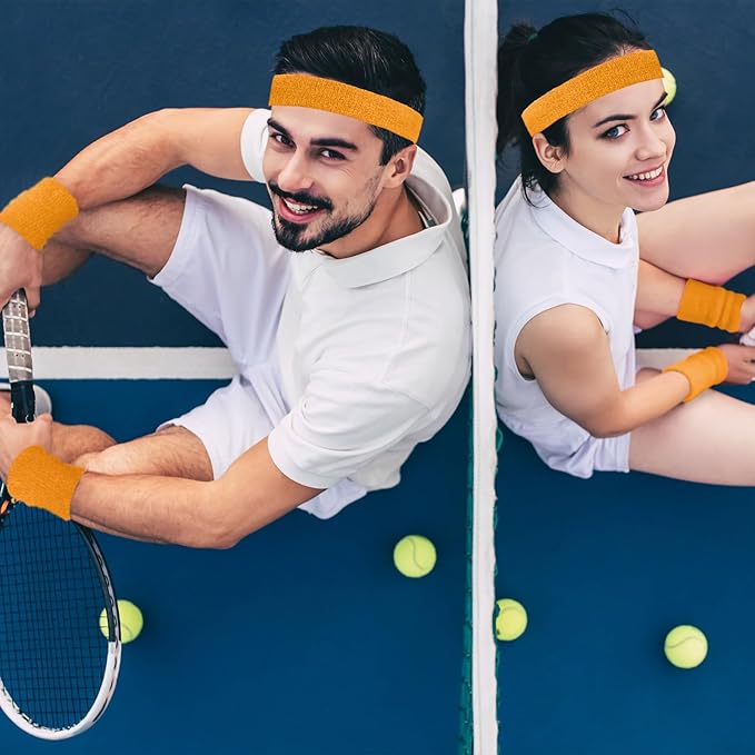 Civaner 12 Pcs 80s 90s Sweatbands Neon Headbands Wristbands for Men Women Party Sports Cotton Headbands Terry Cloth Athletic Sweat Bands for Tennis Football Gym Workingout Accessories