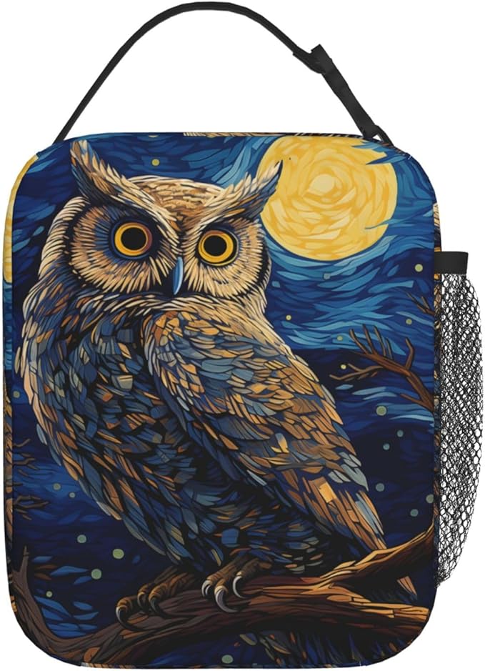 Cool Owl Lunch Box for Kids,Bird Insulated Bag for Student,Animal Reusable Thermal Insulation Cooler Tote Bags for School Work Picnic Camping Outdoor Gifts (Blue Starry Sky Painting Owl)