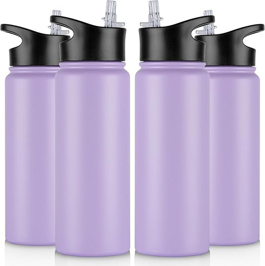 24 oz Insulated Water Bottle Bulk 4 Pack, Stainless Steel Sports Water Bottles with Straw Lid & Wide Mouth Lids, Double Walled Vacuum, Leak Proof, Purple