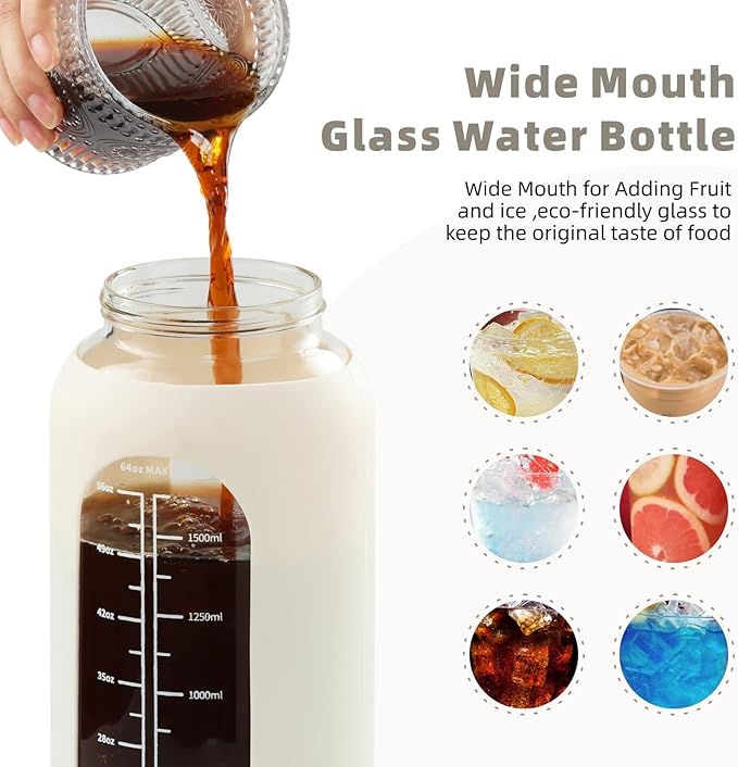 SIEROZUR 74oz Glass Water Bottle with Straw and Lid Large Gallon Water Jug with Silicone Sleeve and Handle 2.2 liter Wide Mouth Bottle with Time Marker for Gym Sports& Workout