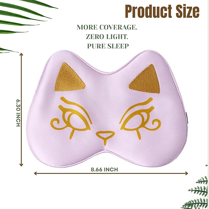 Silk Sleep Mask Blindfold Eye Mask for Sleep Cute Cat Print Embroidered Eye Cover Adjustable Oversized Egyptian Bastet with Gift Box&Pouch（Kemet Lavender-Adjustable Strap）