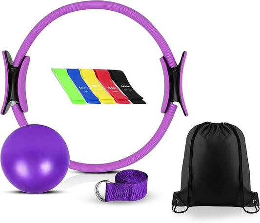Pilates Ring Set – Magic Circle with Dual Padded Handles, Mini Exercise Ball & 5 Resistance Bands | Pilates Kit for Women | Home Workout Equipment for Full-Body Training & Fitness Set