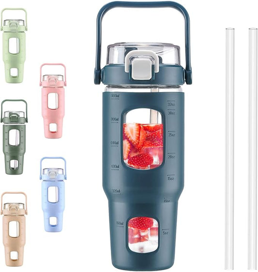 BLUEGO 32oz Glass Water Bottles with Straw Time Marker Half Gallon Large Motivational Water Bottle with Silicone Sleeve 2 Liter Large Glass Water Jug for Gym, Sports& Workout, Daily, Dark Blue