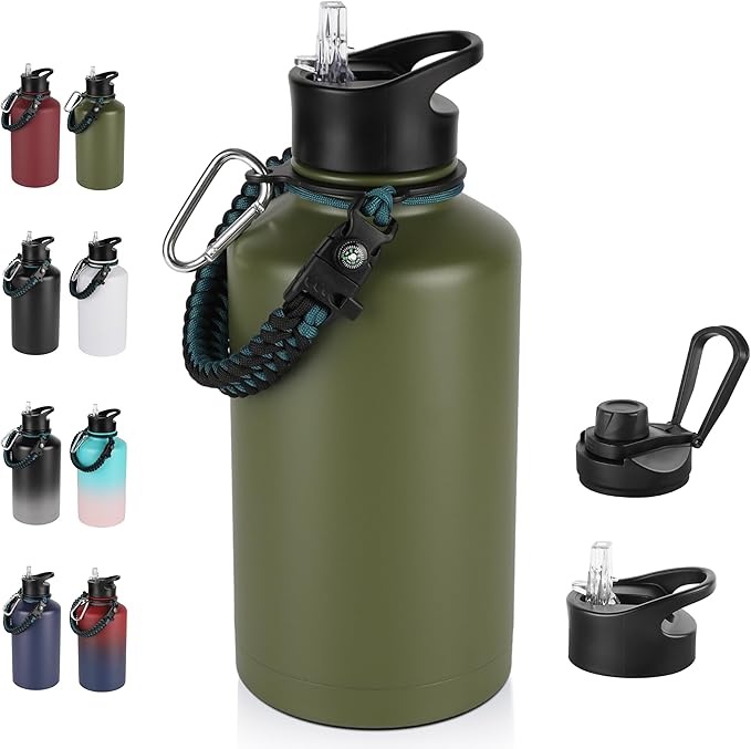 64 oz Insulated Water Bottle with Straw & Spout Lids, Stainless Steel Metal Half Gallon Water Jug with Paracord Handle, Double Wall Vacuum, Leakproof, Keep Drinks Cold & Hot, Army Green