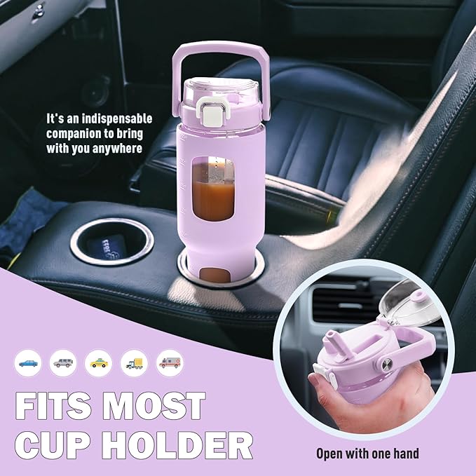 BLUEGO 32oz Glass Water Bottle with Handle and Straw|Leakproof Sports Glass Bottle with Time Marker and Silicone Sleeve|Glass Drinking Bottle for Travel, Gym, Workout, Purple