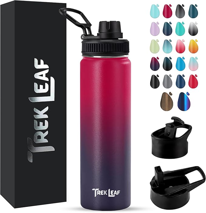 Travel Water Bottle with 3 Lids (Spout, Straw, Flip) Leak Proof, Quality, Vacuum Insulated, Stainless Steel (Mixed Berry, 22 oz)