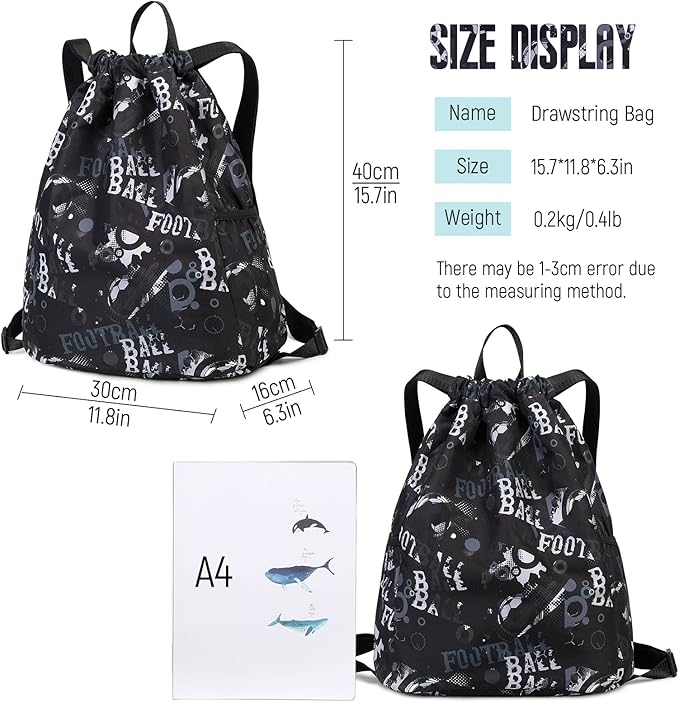 Drawstring Backpack Gym Backpack Sports Bag for Swim Women Men Workout Bag Draw String Back Sack for Soccer Beach Gear Letters Football Black