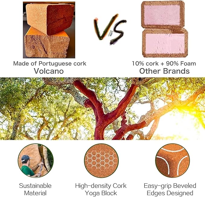 Cork Yoga Blocks 2 Pack Set -Natural Cork from Portugal, 9"x6"x4" Yoga Blocks Non-Slip&Anti-Tilt for Women| Men, Lightweight, Odor-Resistant| Moisture-Proof, Perfect Yoga Equipment