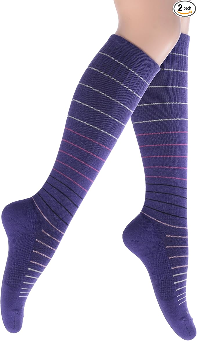 Cotton Compression Socks for Women & Men. 15-20 mmHg Support Knee-High Amethyst Stripes S/M