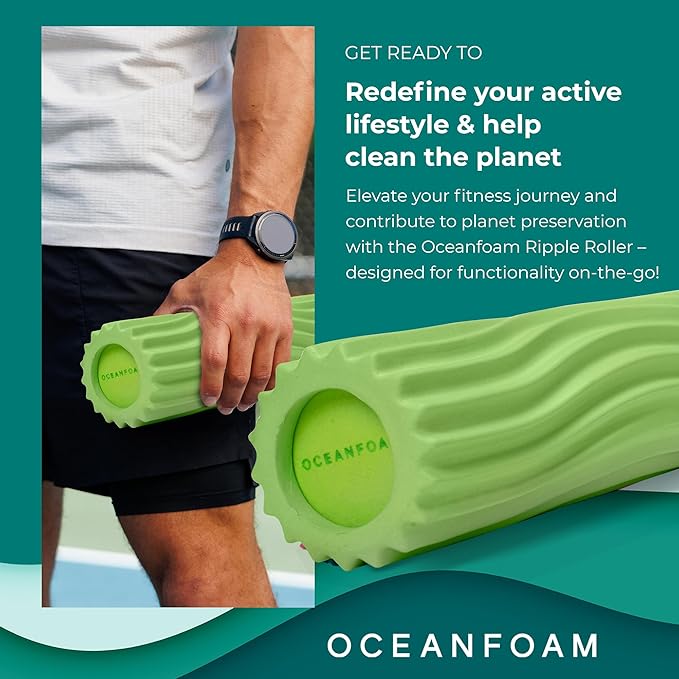 Oceanfoam Ripple Travel Foam Roller (11" x 3.35") Firm Mini Foam Roller for Physical Therapy, Deep Tissue Massage, Back Pain - High Density, Ergonomic Wave Textured - Yoga, Exercise (Algae Green)