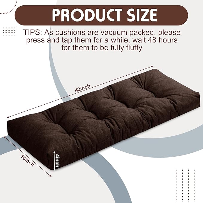 2 Pack Outdoor Bench Cushion Patio Waterproof Porch Swing Cushions Tufted Memory Foam Bench Seat Pads Thicken Non Slip for Outside Indoor Garden Furniture Wicker Loveseat Settee(Brown,42x16 Inch)